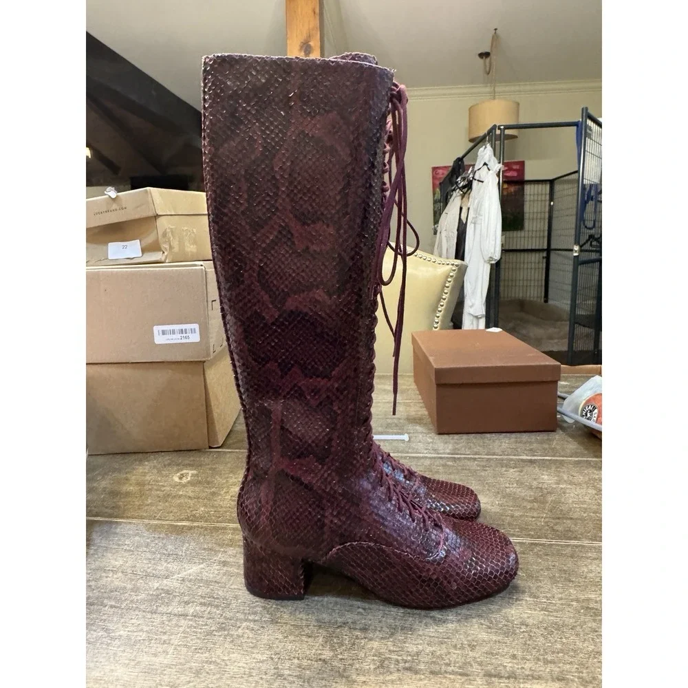 Kate Spade Lake‎ Snake-Embossed Leather Knee High Boots Burgundy  Victorian